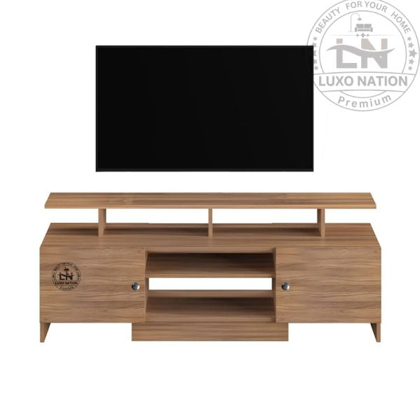 Floor-Mount TV Console with Shelves –Stylish Teak Finish By LuxoNation